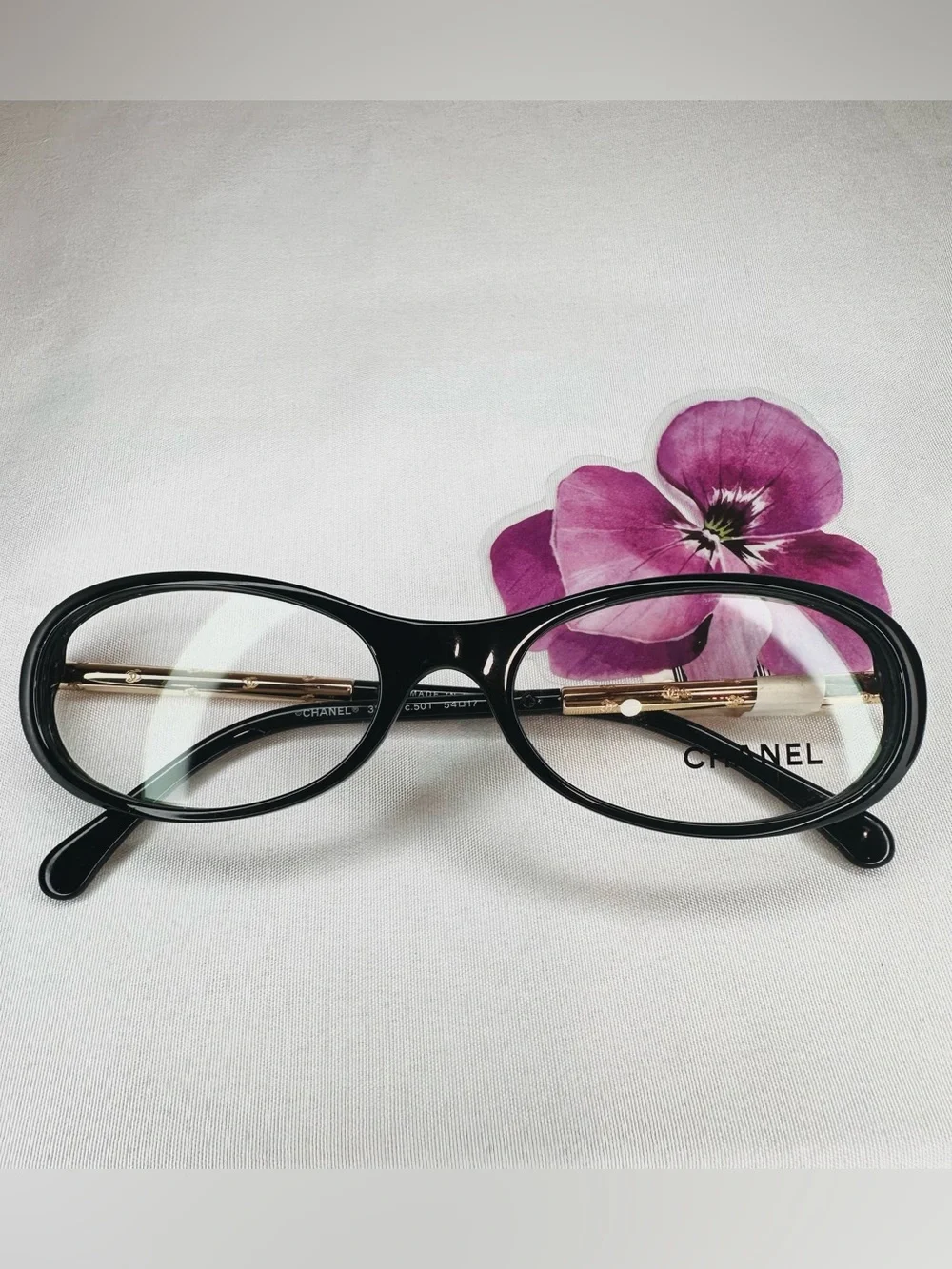 New! CHANEL Black Oval 3217 c.501 Glasses with Gold Temples